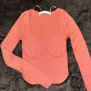 Bershka Women's Blush Pink Ribbed Blouse